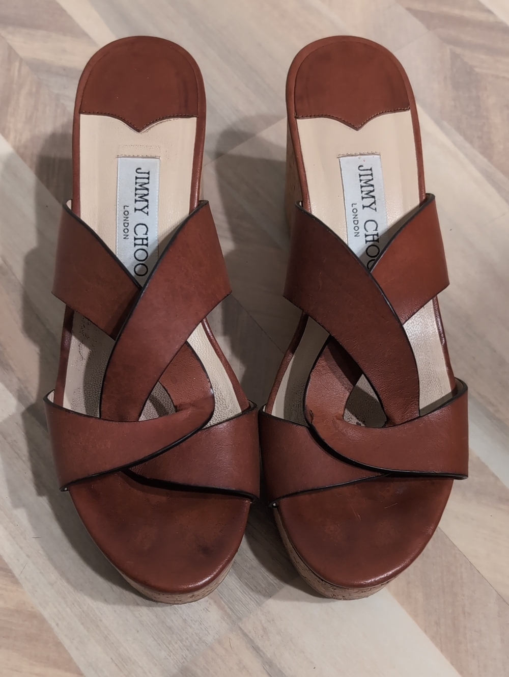 Jimmy Choo Women's Cognac Brown Leather Crisscross Wedge Sandals